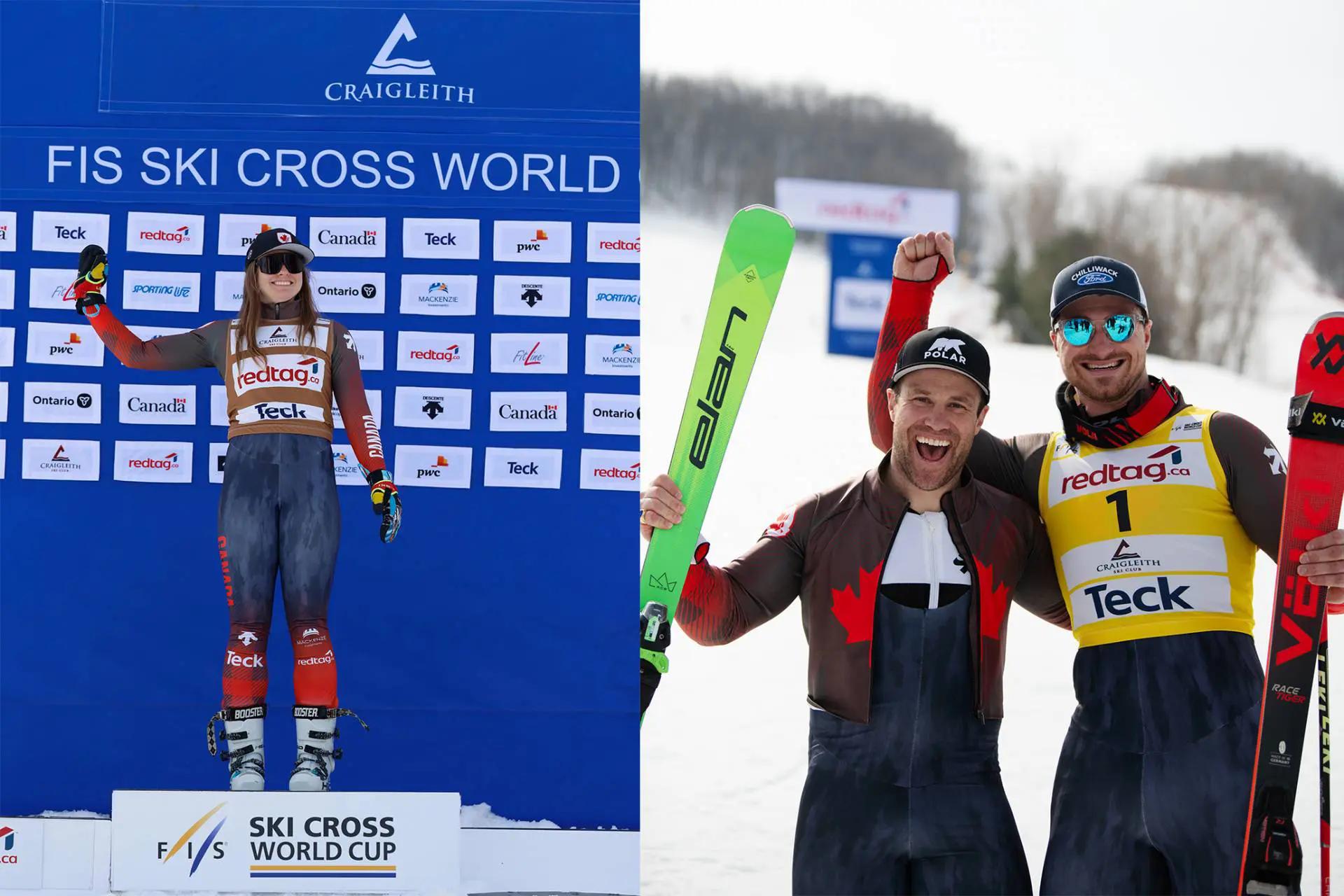 Images côte à côte, une skieuse sur le podium à gauche. 2 skieurs masculins célèbrent à droite